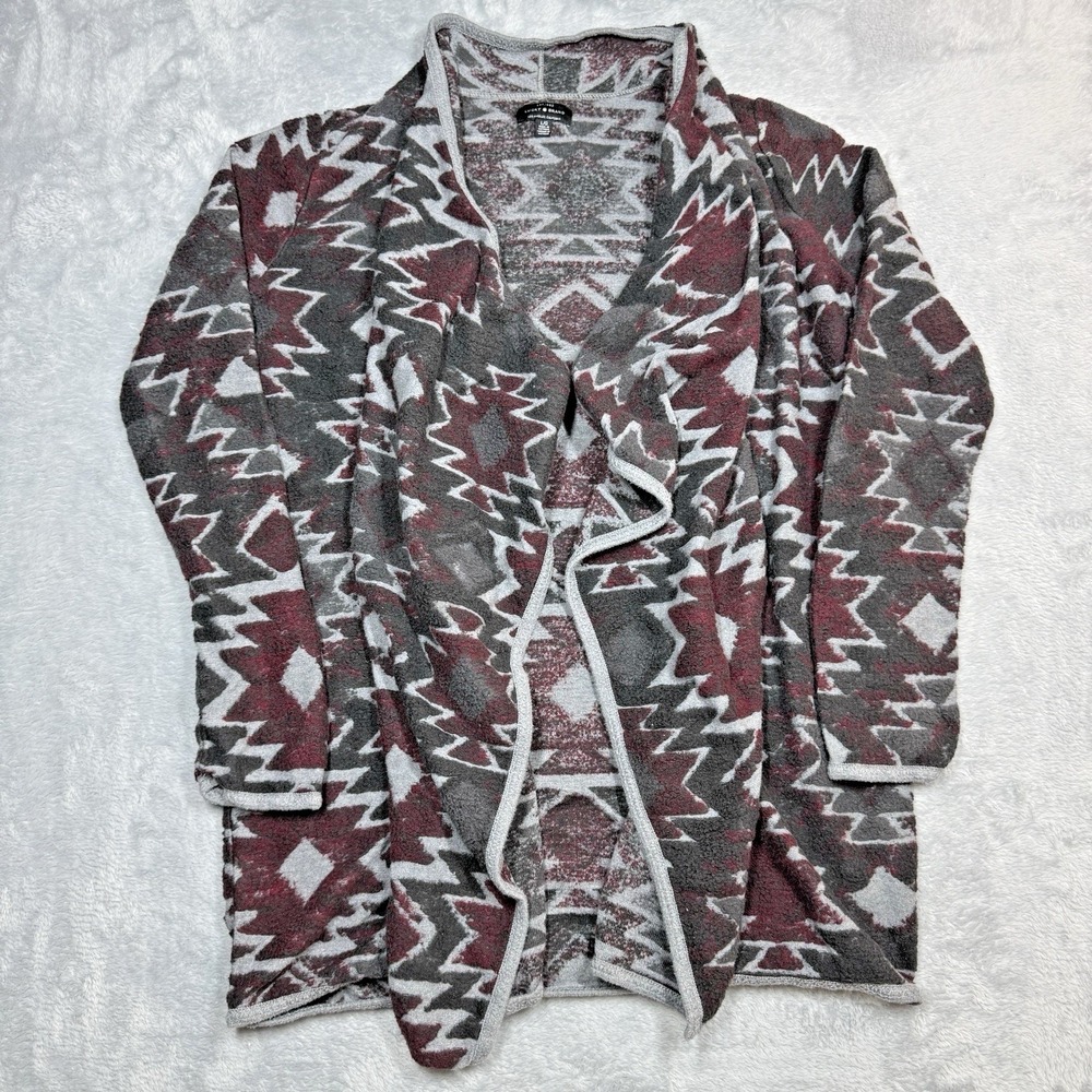 Lucky Brand Cardigan Women L Gray Red Aztec Southwestern Open Draped Waterfall